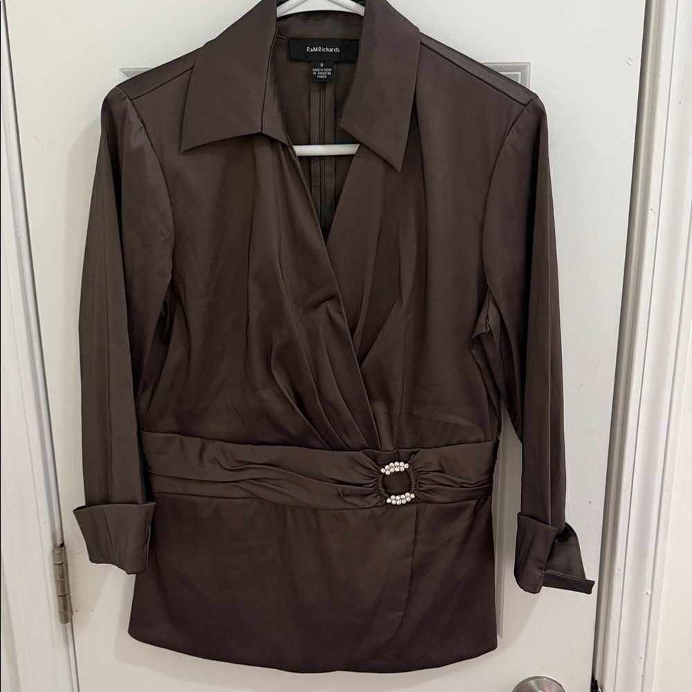 R&M Richards Chocolate Brown Blazer with Pearl Accents Size 8